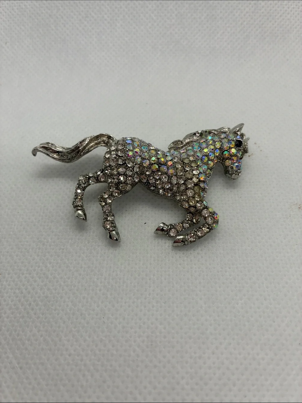 Aurora Crystal Horse Brooch - Silver Tone